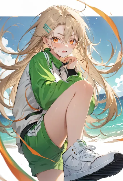 Highest quality, masterpiece, No correction, BEARK, Ocean、The sky is beautiful、The rainbow-colored ocean plain、Sandy Beach、,shinosawa hiro,thin,Orange Eyes,White eyelashes,bionde,Long Hair,Hair Clip,Track jacket,Green shorts,White sneakers, Head Focus, Tra...