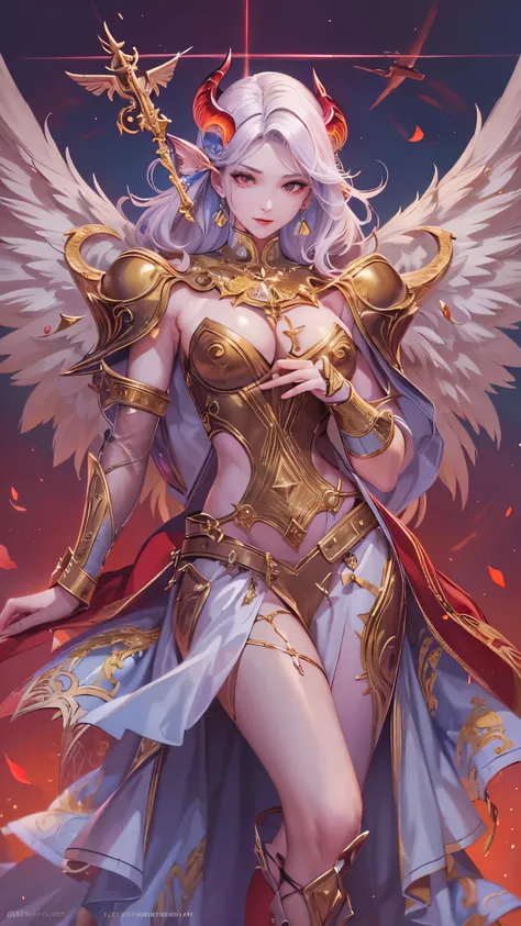 ((Highest quality)),(Ultra-high resolution),(Ultra-detailed new),(Detailed Description),((The best CG)),(masterpiece),Highly detailed art,A wonderful new art form,(Art with precise details:1.5), (Female angel and female devil:1.6),Beautiful and well-propor...