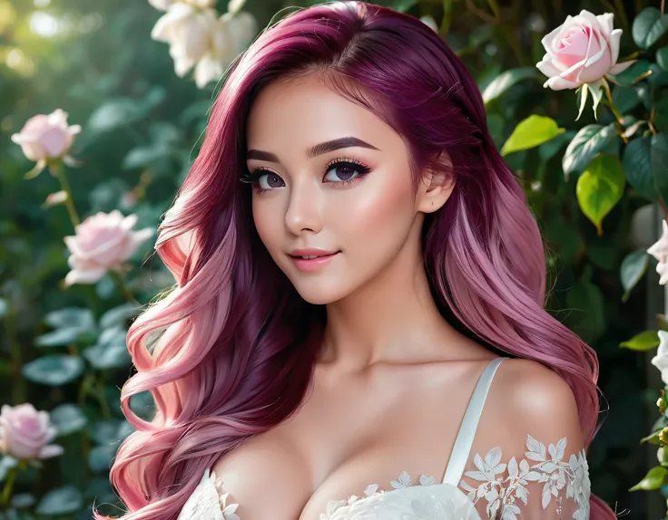 (masterpiece, best quality, beautiful and aesthetic:1.3), side view, 1 girl, Happy,  smirk,  (Claret hair Gradient pink hair:1.6), Absurdly long hair, half updo half up half down, wavy end, shiny hair, Flowing hair, (glowing purple eyes), Exquisite eyes, A...