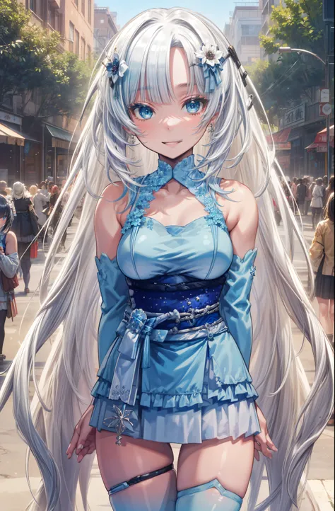 (hiteCUL,sky hair,blue eyes,hair ornament,white dress,miniskirt,sleeveless,detached sleeves,obi,thigh strap,blue thighhighs,geta,), skinny, 4 defined fingers, 1 defined thumb, looking at viewer, solo, 1 woman, 25 years old, AI generated, highest quality, m...