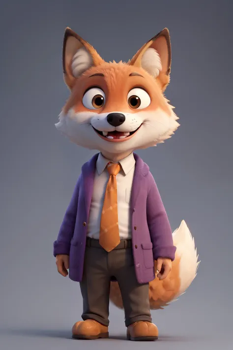 Create an image of an anthropomorphized male fox with a transparent background. The fox must have the following characteristics:

badass clothing: purple necktie, white dress shirt and blue overcoat.
Expression: Looking at the screen with a friendly smile....