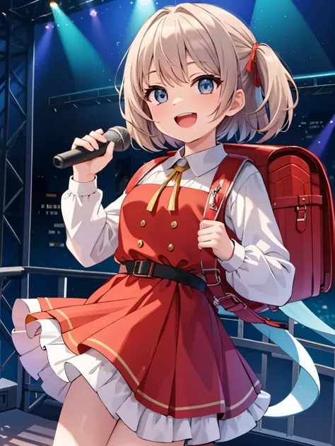 masterpiece, best quality, high resolution, extremely detailed, detailed background, cinematic lighting, 1girl, looking at viewer, singing, singer, smile, opened mouth, holding microphone, music concert, stage, wear dress, wearing red backpack, (backpack:1...