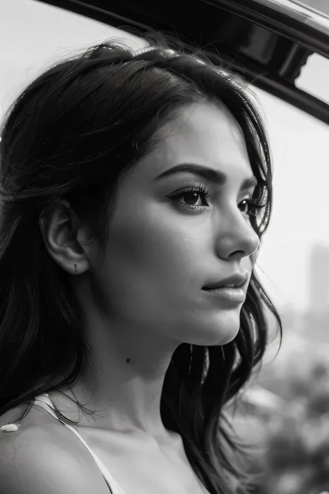 close up of beautiful womans face, side view, black and white