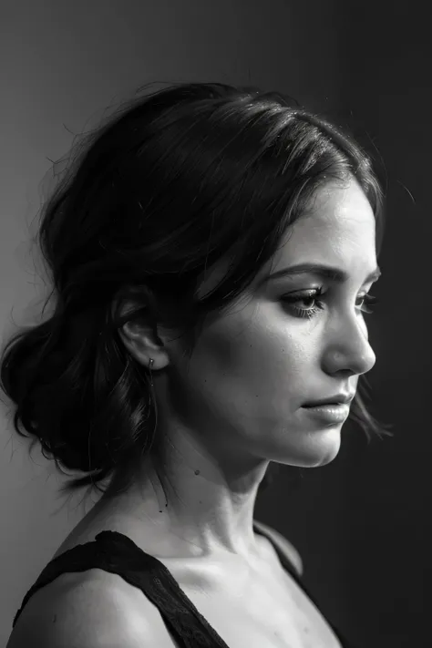 close up of beautiful 35 year old womans face, sad, side view, black and white, solid background