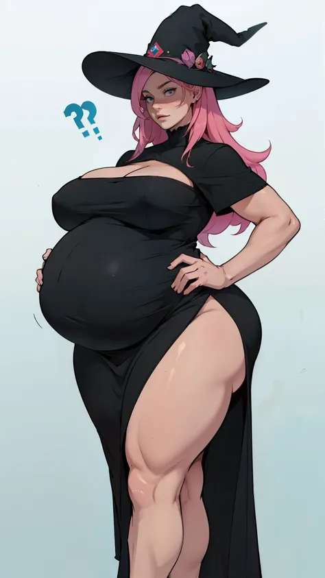 older woman in her 30s, with pink hair and a tall, curvy body, breasts big, in this, (work of art, best qualityer:1.2) wearing the legendary great black dress of the mystical sorceress, Big witch hat, pregnant, standing alone, alone, pink massive hair
