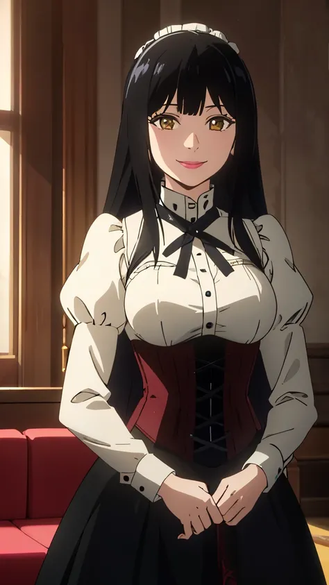 Ultra HD CGI animation 8k, Very detailed, Digital Art Painting, 1 girl, Pink Lips, Shiny, Happy, smile, Looking at the audience, Blunt bangs, Princess cut bangs, Black Hair, Long Hair, (victorian, victorian dress, corset, embroidery),Cowboy Shot,
