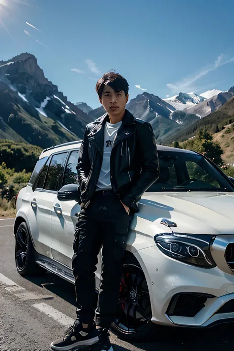 A handsome Korean man wearing a white t-shirt, black leather jacket, black cargo pants, black Jordan shoes, wearing a black watch is standing in front of a black Mercedes AMG G63 G parked on a winding mountain road.    The Brabus Kit fitted to the vehicle ...