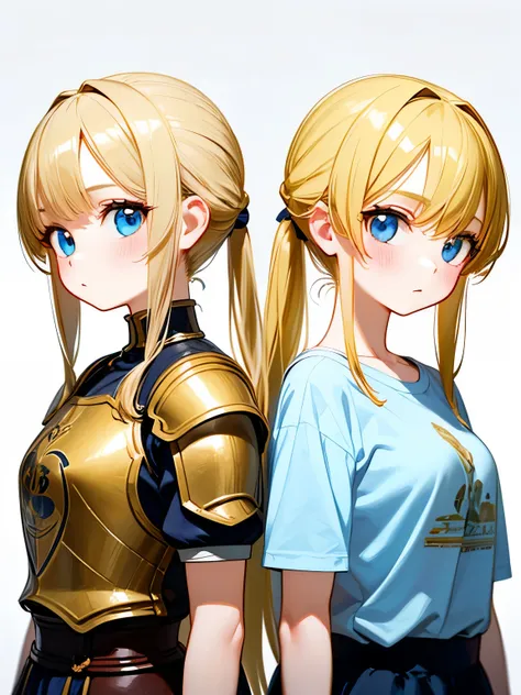 masterpiece,best quality,ultra detailed, two women, blonde, ponytailed, twins, identical faces, one wearing beautiful armor, one...