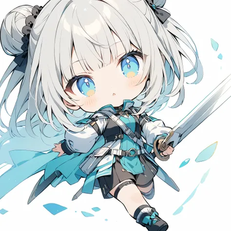 (White background),(Chibi Character:1.4) Third class、solo,full ボディ、Bun hairstyle 、blunt bangs