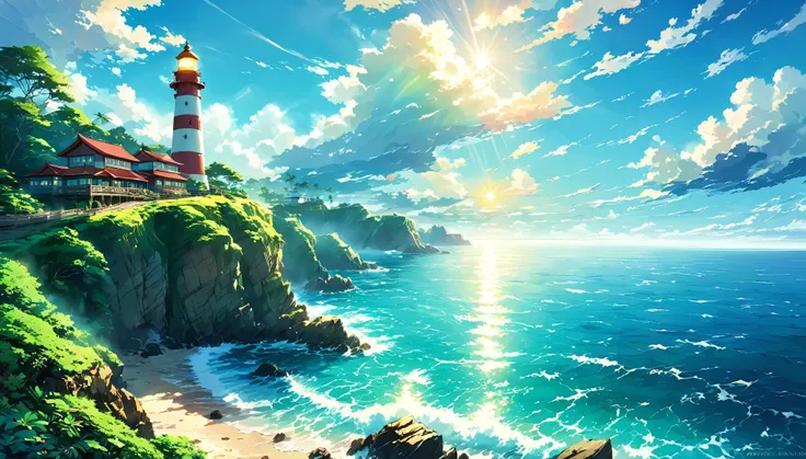 The ocean is right in front of you、Tropics、Ocean、ocean shore、cliff、Bungalow、Resort、turquoise blue、Emerald green、sunshine、water surface、rock、cloud、blue sky、buzzer、Paradise、beautiful、vivid、nature、trip、vacations、beautiful Anime Scenery, Landscape painting, Li...