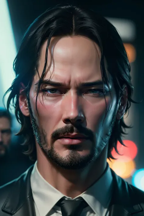 Keanu Reeves John wick frontal face close up portrait, cold neon lights, neon noir, masterpiece, best quality, photorealistic, ultra detailed.