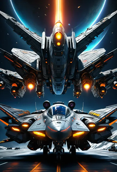 futuristic battleship、advanced fighter aircraft、intergalactic spaceship、interplanetary war、intense space battles、cinematic light...