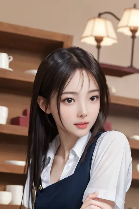 Super high resolution、masterpiece、top quality、
more detailed face、eye for detail、very complicated、Perfectly glowing, glowing skin、perfect reading、detailed lighting、dramatic shadows、ray tracing、
1 woman、upper part of the body、counter staff uniform、Looking a...
