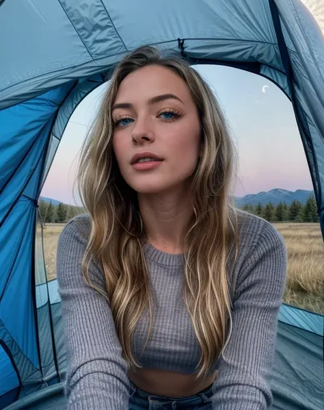 1 frau, american, nice, blue eyes, honeyfarbenes hair,((upper body-selfie, happy)), filming in the tent, nicee hintergrundbeleuc...