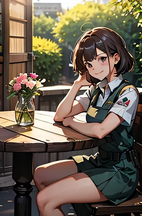 girl in combat uniform,summer,short sleeve,smile,round table,sit down,drink coffee,8k, highest quality, masterpiece