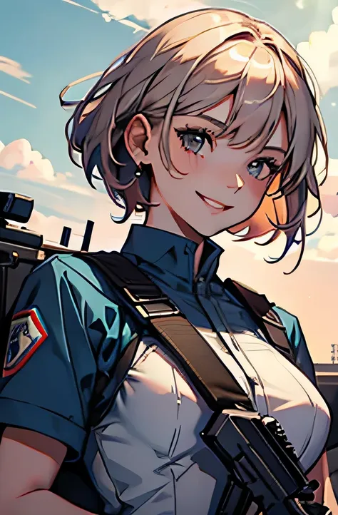 girl in combat uniform,summer,short sleeve,ready your gun?,smile,8k, highest quality, masterpiece