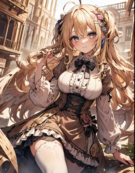 masterpiece, 1girl, sparrow, a blonde haired girl, wearing a victorian dress, curly long hair, messy hair, slim body, he close h...