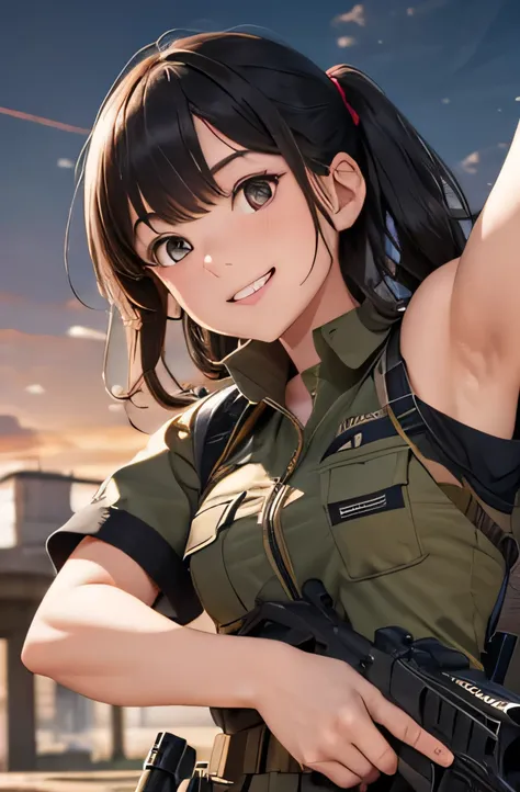 girl in combat uniform,summer,short sleeve,ready your gun?,smile,8k, highest quality, masterpiece