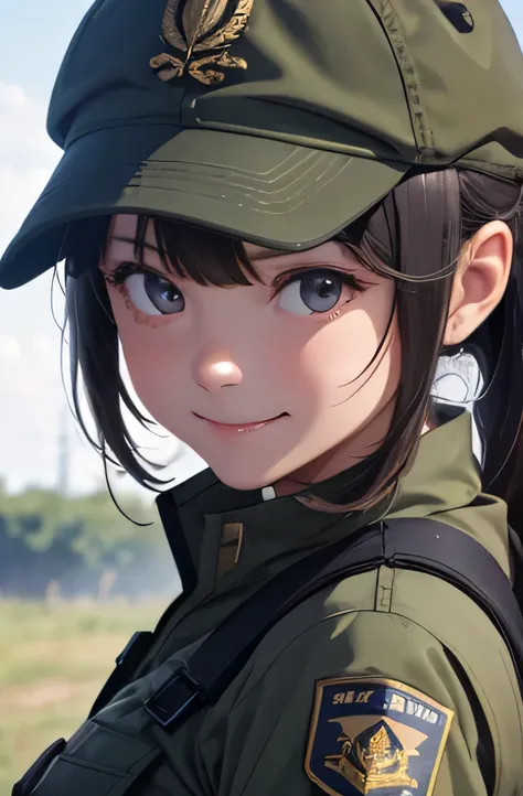 girl in combat uniform,summer,short sleeve,ready your gun?,smile,8k, highest quality, masterpiece