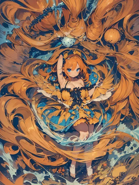 Golden-winged angel wearing a negligee(Little Girl:1.5)(Small body) (Orange Hair:1.5）(eyelash:1.2) (Mid-length hair:1.4), (Blue eyes)(Big Breasts:1.3)High Contrast 
