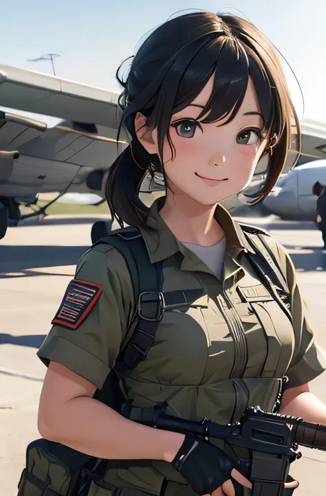 girl in combat uniform,summer,short sleeve,smile,in front of the plane,ready your gun?,8k, highest quality, masterpiece