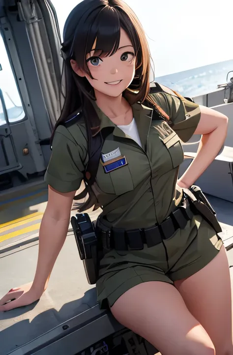 girl in combat uniform,summer,short sleeve,smile,on the aircraft carrier,ready your gun?,8k, highest quality, masterpiece