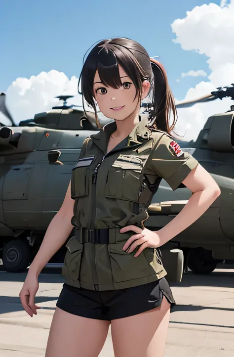 girl in combat uniform,summer,short sleeve,smile,ride a combat helicopter,8k, highest quality, masterpiece