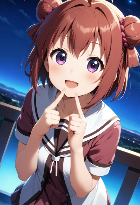 masterpiece, best quality, very aesthetic, absurdres,
1girl, akaza akari, yuru yuri, short hair, red hair, purple eyes, ahoge, hair bun, nanamori , smile, open mouth, pointing, pointing at self, fingers to cheeks, dutch angle, night, star (sky),