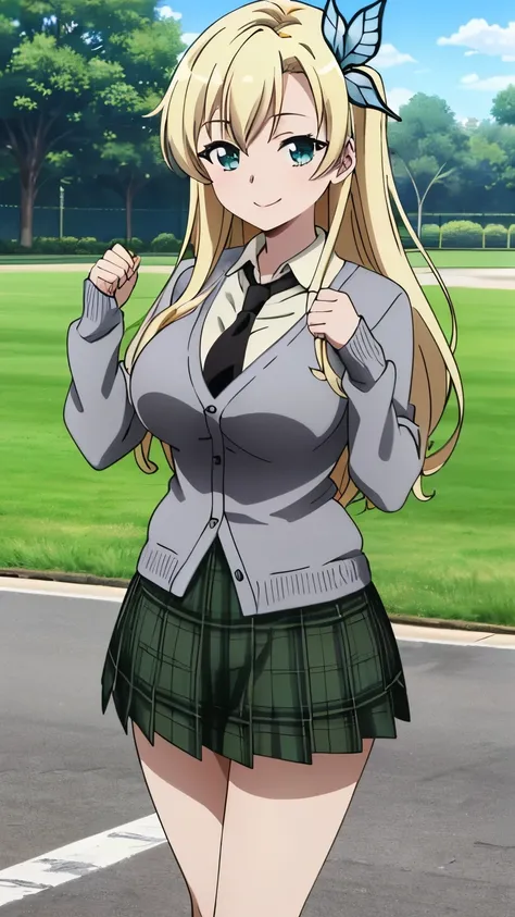 (masterpiece, best quality, 8k:1.2), (anime), sena, long hair, hair ornament, glamour, large breasts, (black necktie, collared shirt, grey cardigan, plaid skirt, green skirt, smile, Schoolyard),