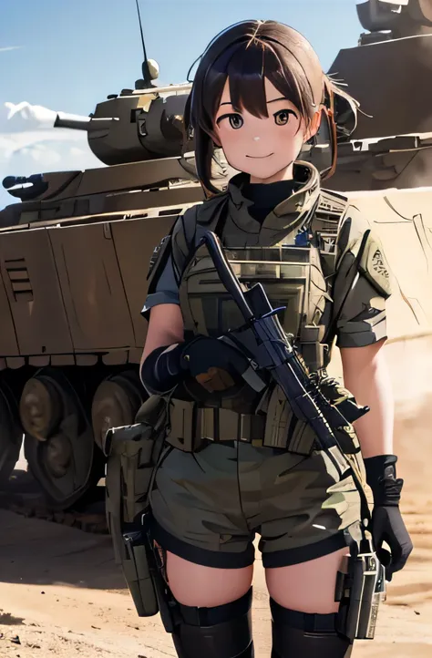 girl in combat uniform,summer,stylish,smile,in front of the tank,ready your gun?,8k, highest quality, masterpiece