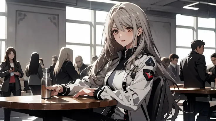 (Confused, High resolution, Very detailed), 1 female, Silver Hair,Long Hair,Reddish brown eyes,White and black pilot suit,skinny pants,24th generation,beauty,mature,thin,quiet,Calm,sit cross-legged at a table in a conference room,Busy,seems to be happy,Whi...