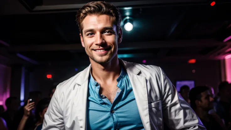 image of a handsome white man, 30years, Doctor, smiling in a nightclub