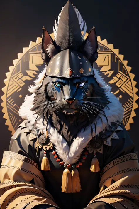 A black anthropomorphic cat with a full face sits quietly, donning a traditional Indian headdress adorned with vibrant feathers. The cats war paint, intricately designed, covers its face, adding a fierce and powerful appearance. Its eyes gleam with a sense...