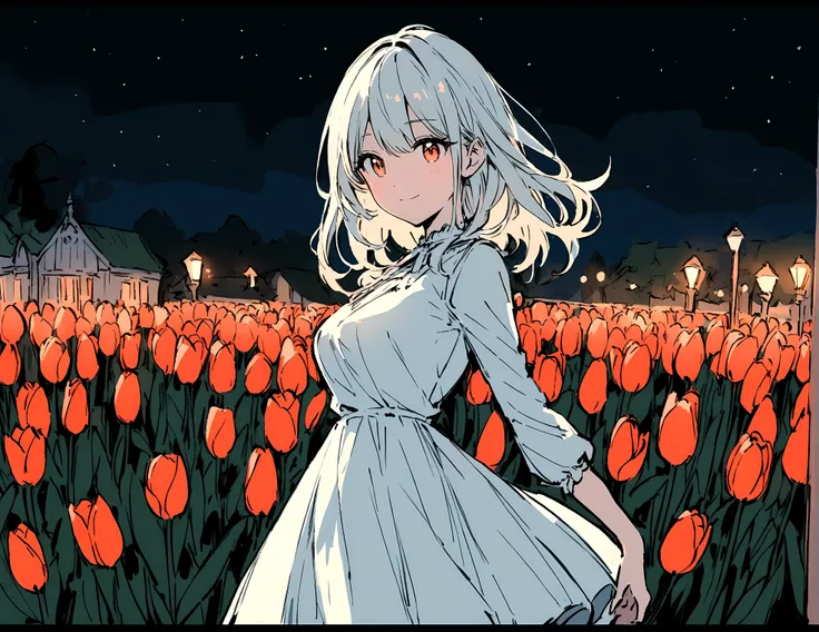 colored sketching, striking color,bold line, pretty girl, white dress, wandering at tulips park, light smile, night time