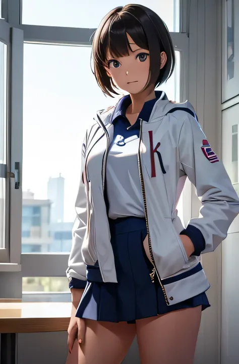 volleyball player girl,summer,short hair,uniform,indoor coat,8k, highest quality, masterpiece