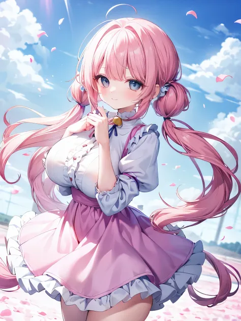 Best Quality,Beautiful Eyes,Very cute face,Beautiful Anime Girl,(Solo Girl),(gigantic breasts,large breasts,huge breasts,big breasts,mega breasts:1.6),(Pink hair),(low twintails:1.6),(Light blue eyes),Very happy smile,BREAK,(White smock blouse,Frills,Long ...