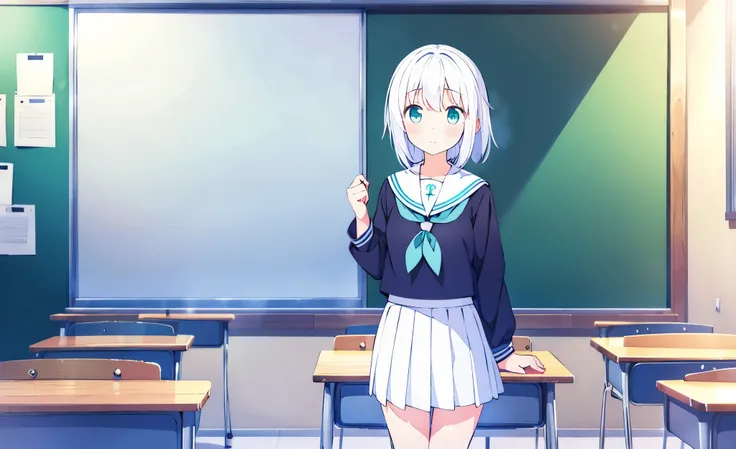 (masterpiece), classroom, 1girl, medium hair, white hair, (aqua eyes:1.2), (white sailor collar:1.2), serafuku, white skirt, pleated skirt