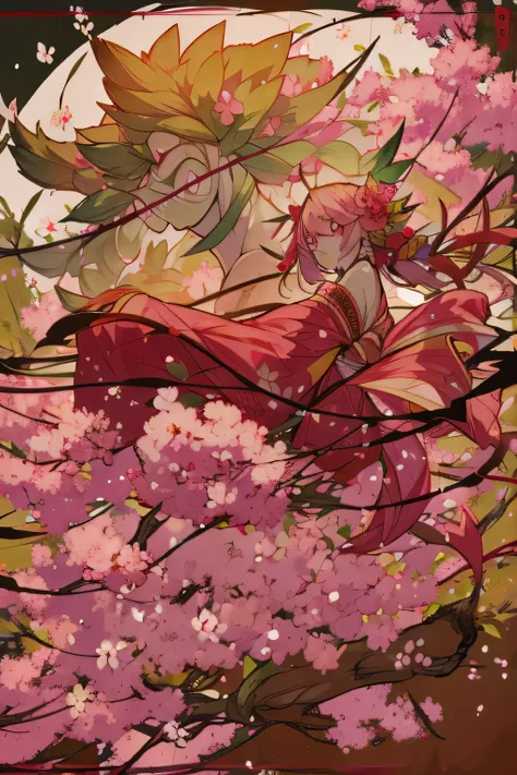 masterpiece, best quality, extremely detailed, アニメ, {{plant thorny shrub around her}}, monster girl, mandrake, flower girl, {{fusion of cherry blossom and girl, }}, {{{{lower body united with flower }},, Cherry-blossom color hair, crimson eyes, hair so lon...