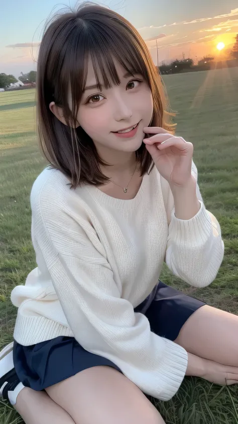 closeup shot , Best picture quality (8K, high resolution, Masterpiece: 1.2), super detailed,  215 Short Hair, 16-year-old woman, 

situation: In the sunset-colored grassland、A woman blowing soap bubbles。
clothing: Long skirt、Lightweight sweater、sneakers。
a...