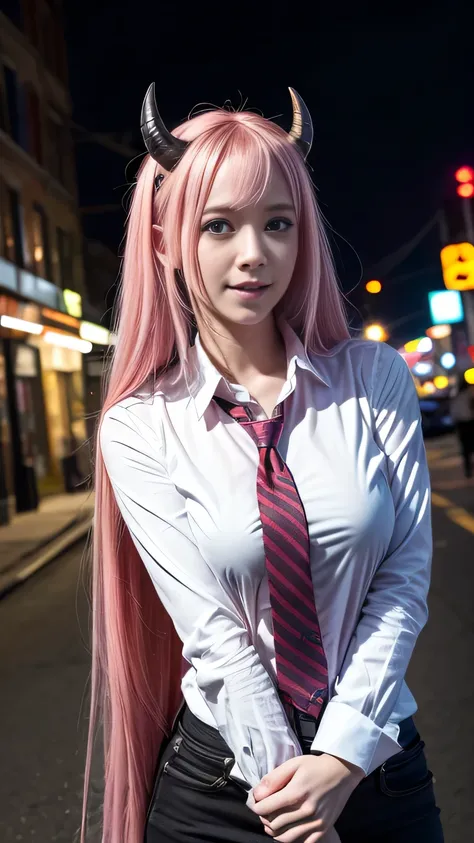 1girl, long pink hair, red horns, white collared shirt, black necktie, light smile, yellow eyes, corneo_power,, buildings,shops,town streets, dark sky, scenery,neon signs,night city, japanese lyrics,, , absurdres, detailed eyes, extremely detailed, volumet...