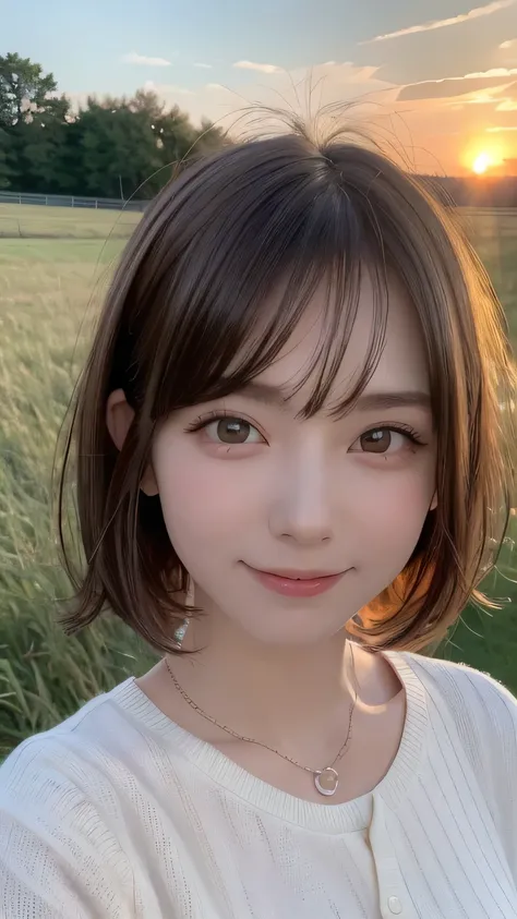 closeup shot , Best picture quality (8K, high resolution, Masterpiece: 1.2), super detailed,  215 Short Hair, 16-year-old woman, 

situation: In the sunset-colored grassland、A woman blowing soap bubbles。
clothing: Long skirt、Lightweight sweater、sneakers。
a...