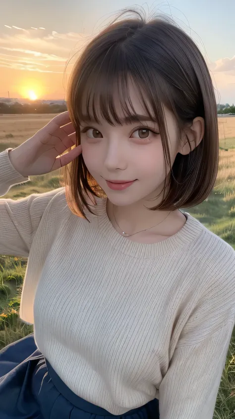 closeup shot , Best picture quality (8K, high resolution, Masterpiece: 1.2), super detailed,  215 Short Hair, 16-year-old woman, 

situation: In the sunset-colored grassland、A woman blowing soap bubbles。
clothing: Long skirt、Lightweight sweater、sneakers。
a...