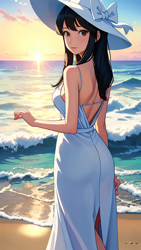 beach, best quality, masterpiece,、beautiful girl、slim、one person、Long Hair、White sleeveless、White dress、Back view、
sea beach，Black hair，evening，Background of bblurry，daysies，，cparted lips，the ocean，Summer daysies，Sun hat，Going off into the sunset、