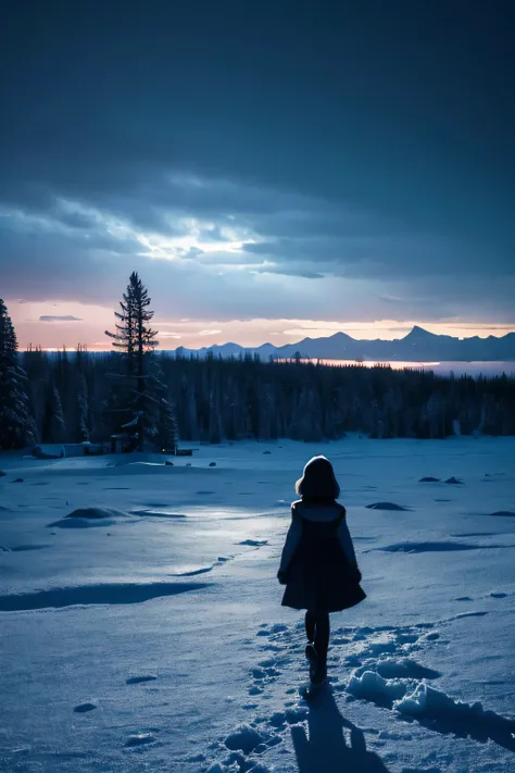 Lonely Ice Land、Moonlight in the night sky、Gloomy sky、A faint light in the distance、Lonely scenery、The back of a small-looking girl、Sad snow world