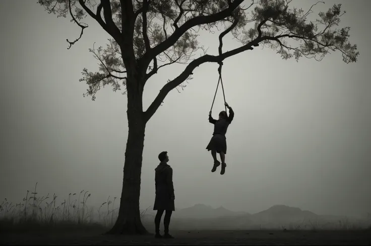 a haunting masterpiece, of unparalleled quality, showcasing a tragic scene of a teenage girl hanging from a tree. the rope aroun...