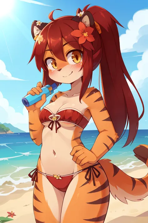 score_9,score_8_up,score_7_up, source_cartoon, source_furry, tiger girl, tiger tail, dark red hair, hair over one eye, medium long high ponytail, hair with volume, long side hair, furry, blush, looking at viewer, smile, 1girl, tiger ears, furry female, ora...