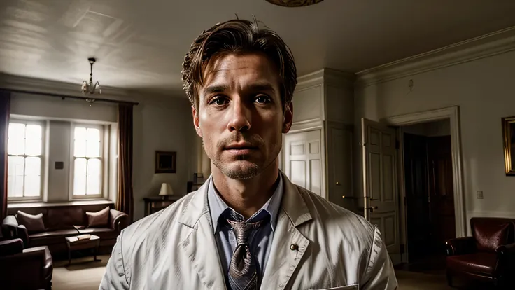 image of a handsome white man, 30years, Doctor, preoccupied, in the mansion room