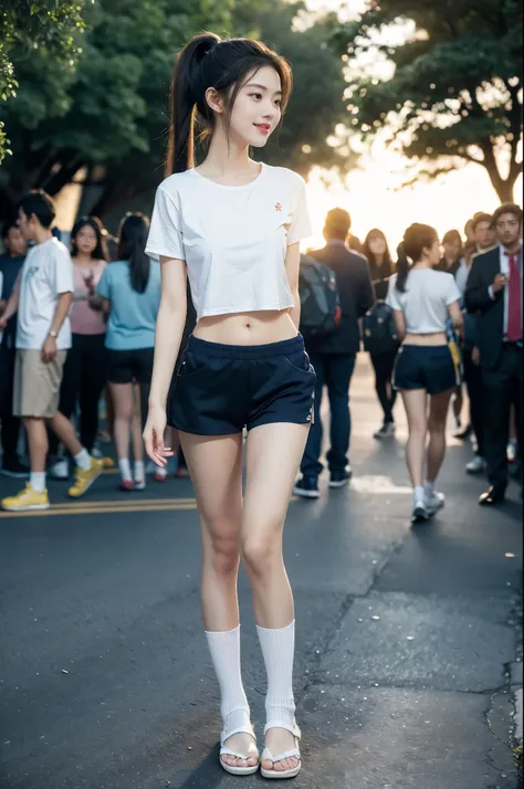 (((best quality))),(((ultra detailed))),(((masterpiece))),illustration,((1 beautiful girl,solo)),((slim,thin)),((small breasts,flat chest)), outside school gate, summer twilight, sunlight,(short ponytail:1.3),((white short-sleeved shirt)),((clavicalis,nave...