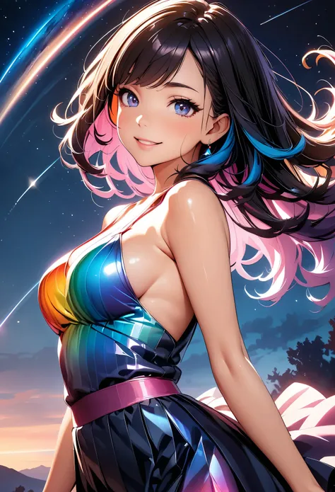 A woman wearing a shooting star dress, (((1 Girl))), JK, thin film interference, Rainbow Dress, Sheer dress, Shine bright, Sexy curves, Colorful hair colors, Glossy, Lips slightly open, Sigh, Mischievous Smile, Shiny Hair, Beautiful Skin, Detailed face and...