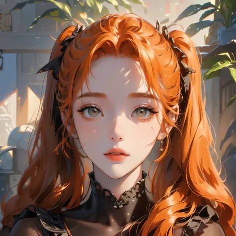 Old body portrait of a beautiful girl、Delicate、detaileds、​masterpiece、Real Stick、3D background、Backgrounds with depth、Realistically exaggerate changes in material texture、Exaggeration of gloss、The best transcendental virtuosity、twin tails、orange hair color...